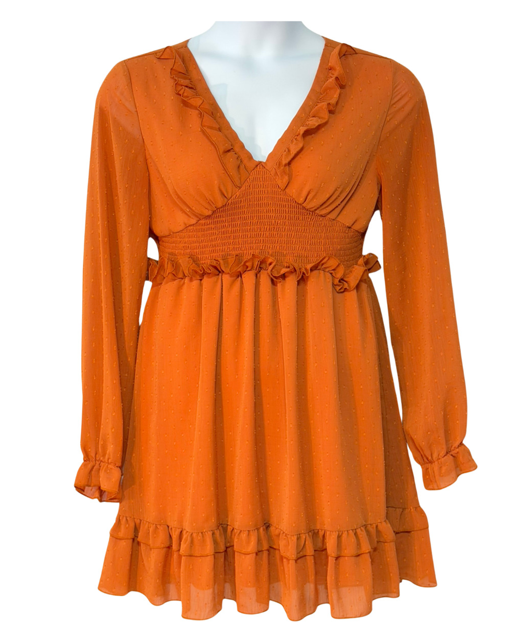 Altar'd State Sz L Babydoll V-Neck Dress Smocked Waist Long Sleeves Burnt Orange